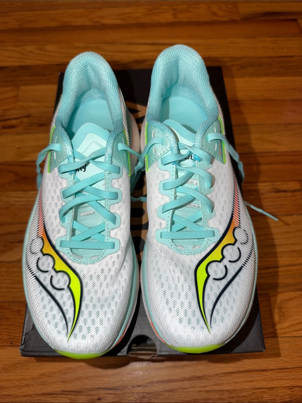 Saucony Women’s White, Aqua & Neon Yellow Running Shoes - Picture 2 of 12